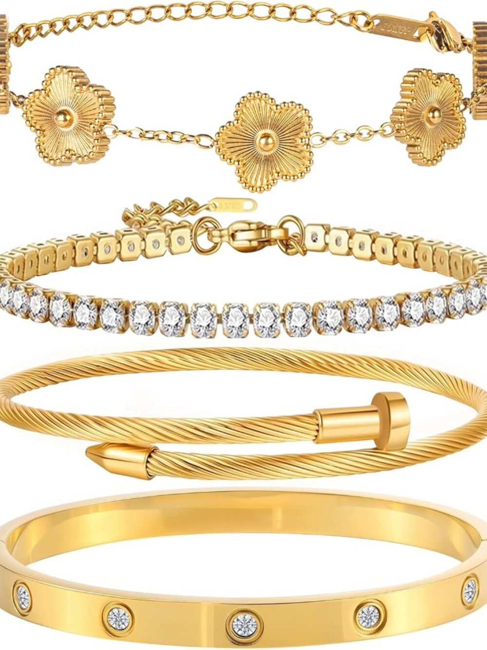 18K Gold Plated Bangle Bracelet Set for Women Stackable Lucky Floral Adjustable
